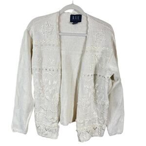 Vintage 90s Y2K Cardigan Sweater Cottage Boho Lace Embroidered Floral Medium